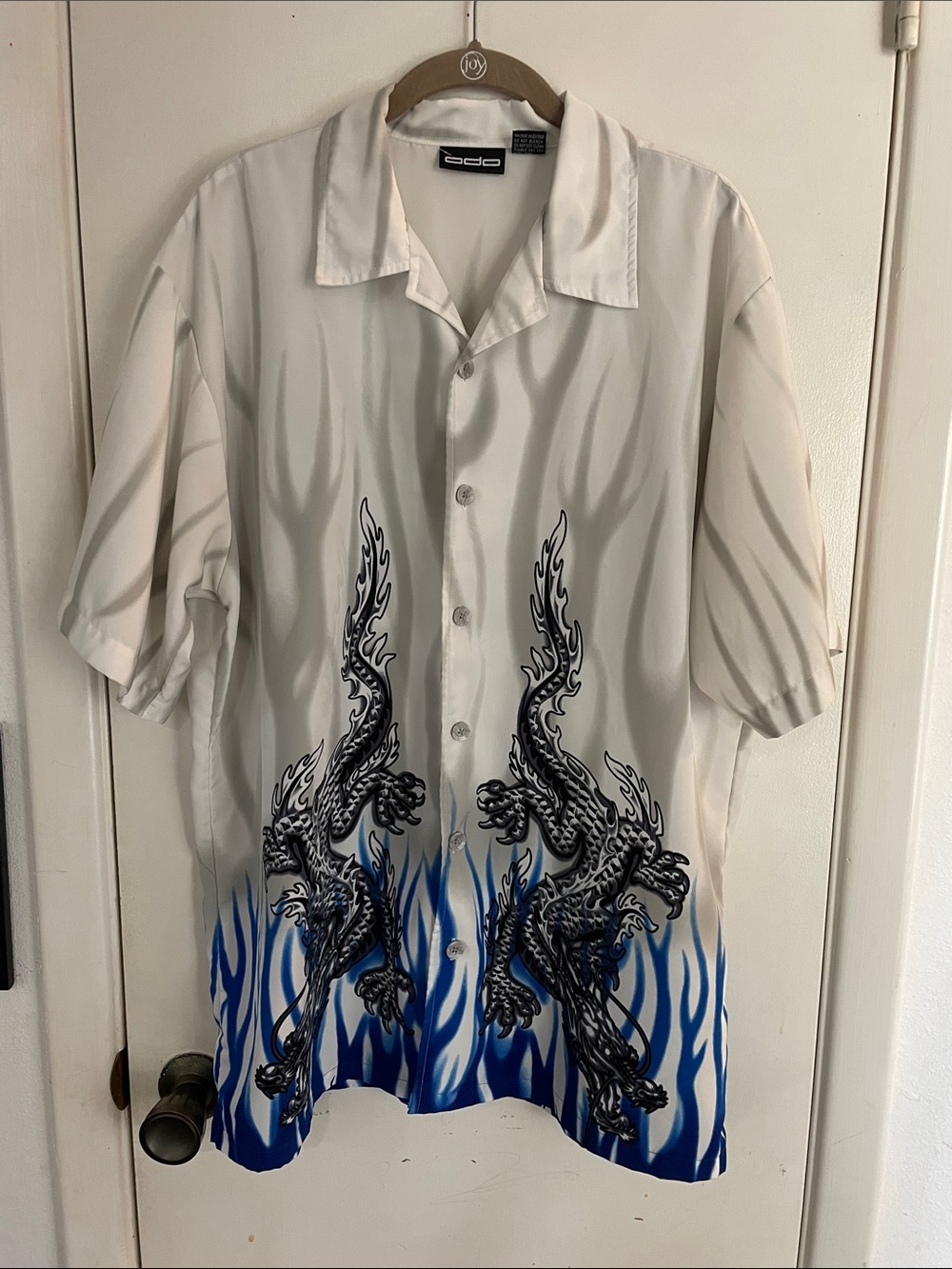 ODO Mens L Blue Flame Dragon Button Up Casual Shirt